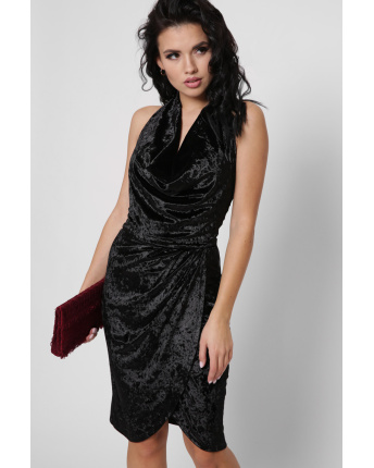 Велюрова чорна сукня на запАх з відкритою спинкою 29130, Колір: Чорний, Розмір: XS