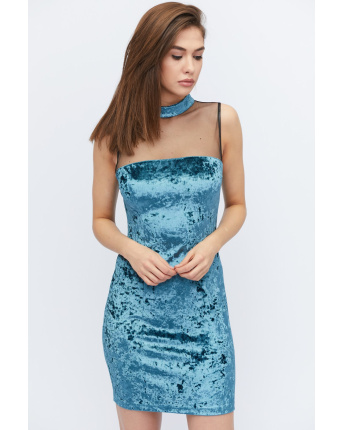 Велюровое мини платье с чокером 32772, Цвет: Морская волна, Размер: XS