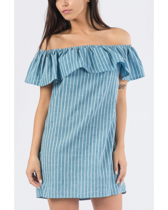Літня синя сукня з відкритими плечами і воланом 33697, Колір: Синій, Розмір: XS