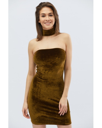 Вельветовое платье бандо с чокером 32497, Цвет: Оливковый, Размер: XS