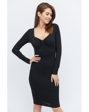 Демисезонное черное платье-миди 32846, Цвет: Черный, Размер: XS