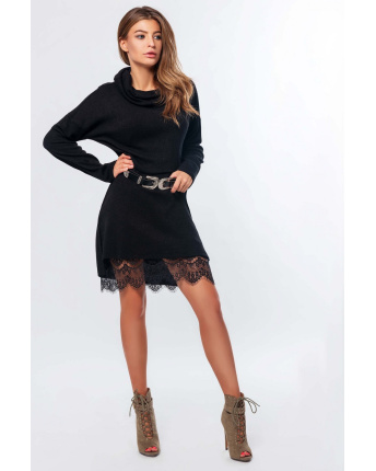 Трикотажное черное платье с гипюровым низом 34741, Цвет: Черный, Размер: XS