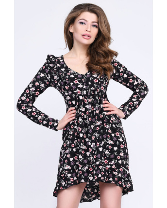 Чорна сукня у квіточку з рюшами 35307, Колір: Чорний, Розмір: XS