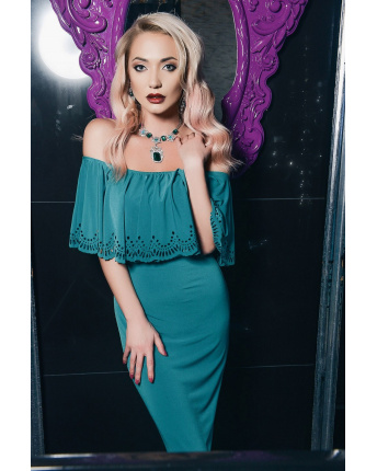 Сукня до підлоги з відкритими плечима і воланом 33137, Колір: Зелений, Розмір: XS