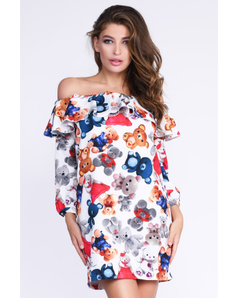 Вільна сукня з відкритими плечима і милим малюнком "ведмедики" 33143, Колір: Білий, Розмір: XS