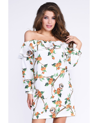 Вільна сукня з відкритими плечима і чарівним малюнком 33144, Колір: Білий, Розмір: XS