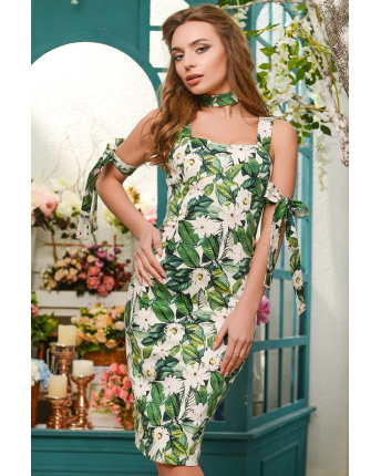 Зелена літня сукня з квітковим принтом, чокером і зав'язками 33015, Колір: Зелений, Розмір: S