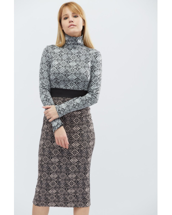 Двоколірна сукня міді з високим коміром 18807, Колір: Сірий, Розмір: XS