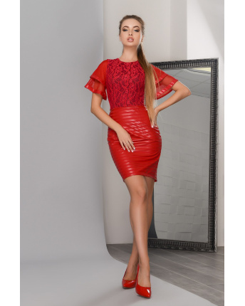 Сукня з об'ємними рукавами з гіпюру та еко-шкіри 27950, Колір: Бургунді, Розмір: XS