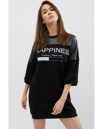 Сукня oversize зі вставками з еко шкіри та написом 31951, Колір: Чорний, Розмір: XS