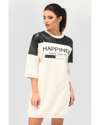 Сукня oversize зі вставками з еко шкіри та написом 31952, Колір: Бежевий, Розмір: XS