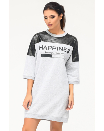 Сукня oversize зі вставками з еко шкіри та написом 31953, Колір: Св. Сірий, Розмір: XS