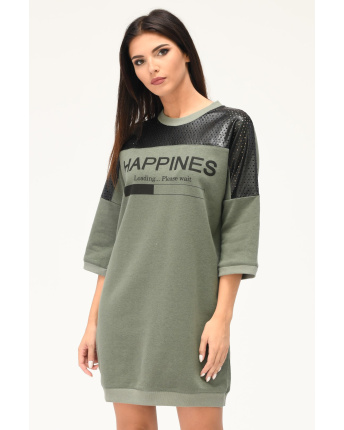 Сукня oversize зі вставками з еко шкіри та написом 31954, Колір: Хакі, Розмір: XS