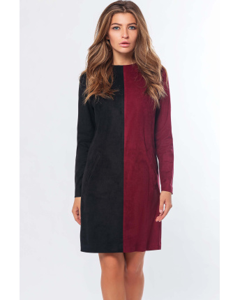 Двухцветное замшевое платье с карманами цвета чёрный-марсала 34701, Цвет: Бургунди, Размер: XS