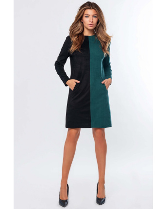 Двухцветное замшевое платье с карманами цвета чёрный-изумруд 34702, Цвет: Мультиколор, Размер: XS