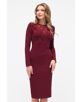 Стильна облягаюча сукня з гіпюровими вставками 34704, Колір: Бургунді, Розмір: XS