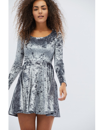 Велюрова сукня з довгим рукавом і розкльошеною спідницею 28418, Колір: Сірий, Розмір: M