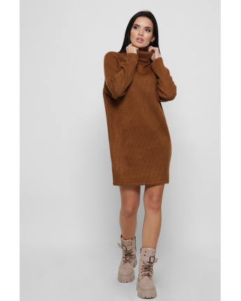 Вільна коричнева сукня-джемпер з коміром 36360, Колір: Коричневий, Розмір: XS