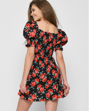 Чёрное платье-резинка в цветочек 48381, Цвет: Черный, Размер: M