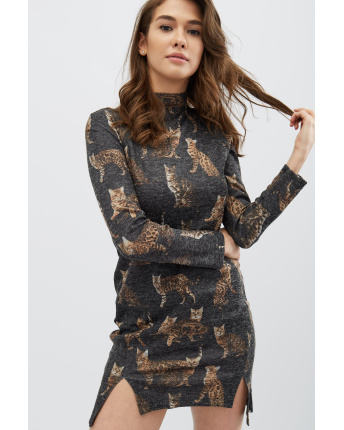 Платье с разрезами и рисунком котят 31924, Цвет: Черный, Размер: XS