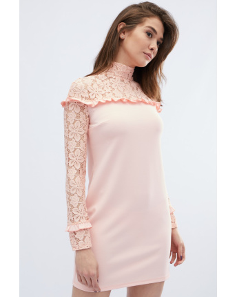 Короткое платье с гипюром и рюшами цвета персик 32789, Цвет: Персиковий, Размер: XS