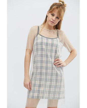 Сукня в клітинку з прозорою сіткою 32342, Колір: Бежевий, Розмір: XS