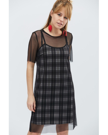 Сукня в клітинку з прозорою сіткою 32343, Колір: Чорний, Розмір: XS