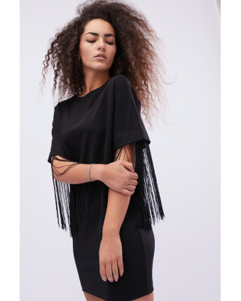Черное платье оверсайз с бахромой 32429, Цвет: Черный, Размер: XS