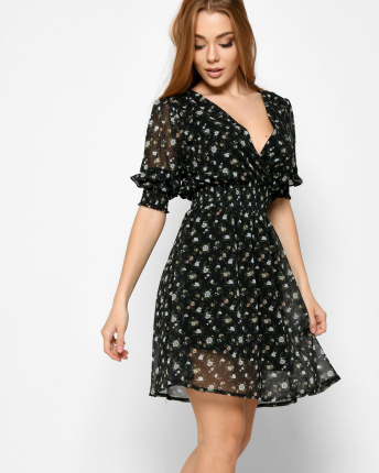 Чорна шифонова сукня в квіточку 48576, Колір: Чорний, Розмір: S