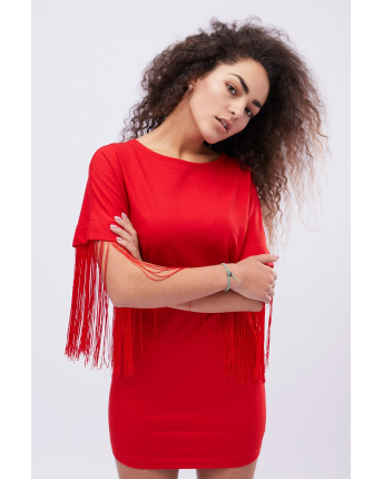 Червона сукня оверсайз з бахромою 32516, Колір: Червоний, Розмір: XS