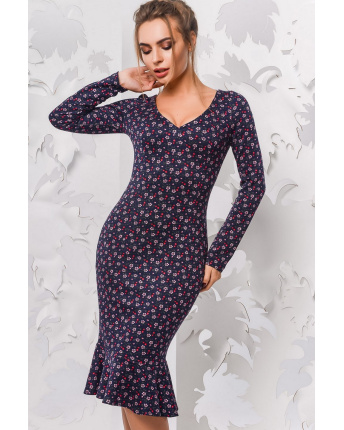 Платье в цветочек украшено оборкой цвет синий 28783, Цвет: Синий, Размер: XS