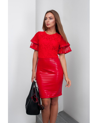 Сукня з об'ємними рукавами з гіпюру та еко-шкіри 27902, Колір: Червоний, Розмір: XS