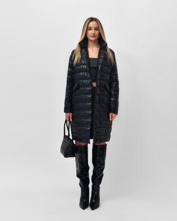 Стьобана куртка-пальто на кнопках колір чорний 36576, Колір: Чорний, Розмір: XS