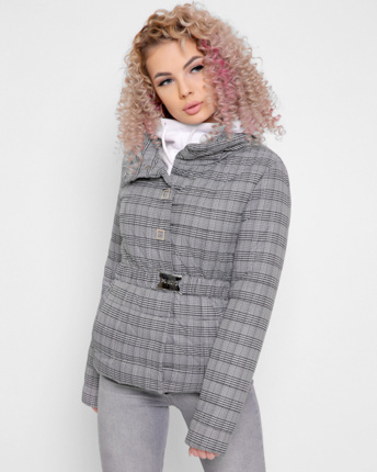 Черно-белая куртка в клетку с поясом 34977, Цвет: Серый, Размер: XS