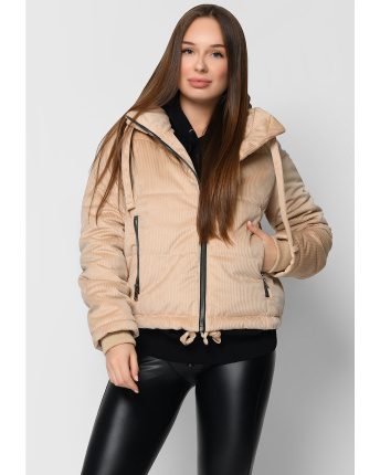 Демисезонная бежевая вельветовая куртка с высоким воротником 36731, Цвет: Бежевый, Размер: L