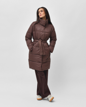 Стьобана куртка-пальто з поясом, колір шоколад 55449, Колір: Коричневий, Розмір: XS