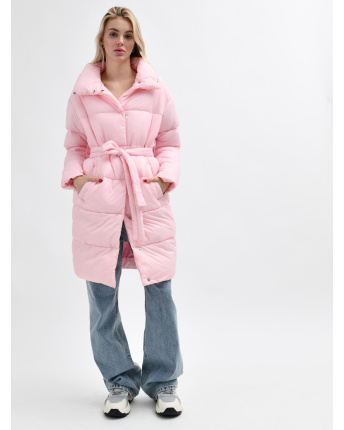 Стьобана куртка-пальто з поясом, колір яскраво-рожевий 55451, Колір: Світло-рожевий, Розмір: S