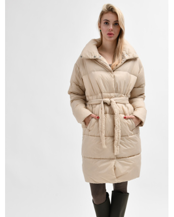 Стьобана світло-бежева куртка-пальто з поясом 55456, Колір: Світлий бежевий, Розмір: S