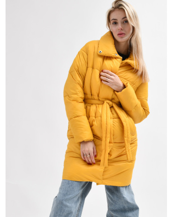 Стьобана куртка-пальто з поясом 55458, Колір: Жовтий, Розмір: S