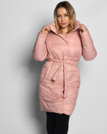 Стьобана пудрова куртка-пальто з поясом 55461, Колір: Пудровий, Розмір: XS