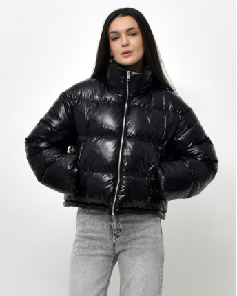 Жіноча весняна пухова куртка коротка, чорна лакова 57278, Колір: Чорний, Розмір: XS