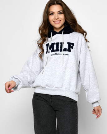 Теплое серое худи в американском стиле 52335, Цвет: Серый, Размер: M