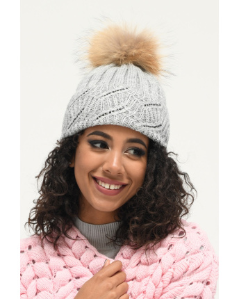В'язана сіра шапка з помпоном з єнота 34350, Колір: Сірий, Розмір: ONE SIZE