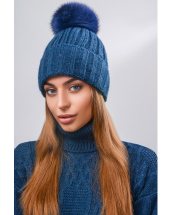 Вязаная шапка с широким отворотом цвет джинс 28630, Цвет: Джинс, Размер: ONE SIZE