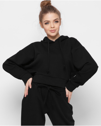 Короткое худи оверсайз с капюшоном 41793, Цвет: Черный, Размер: XS