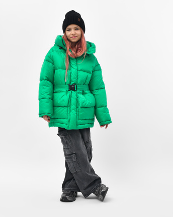 Зеленый пуховик с поясом для девочек 55829, Цвет: Зеленый, Размер: 116