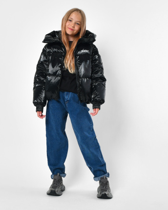 Чорний пуховик з глянцевим ефектом для дівчаток 56260, Колір: Чорний, Розмір: 128
