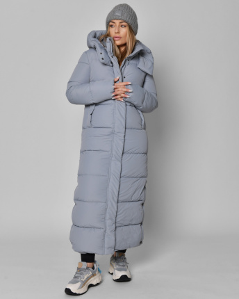 Женский длинный пуховик серо-голубого цвета 56106, Цвет: Голубой, Размер: XS