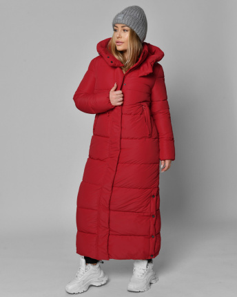 Длинный женский пуховик красного цвета 56107, Цвет: Красный, Размер: XS