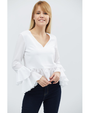 Блуза с рюшами білого кольору 27399, Колір: Білий, Розмір: XS